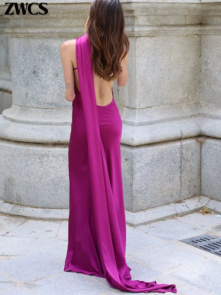 Vestido de fiesta elegante con lazo de satén y cuello halter para mujer, sexy de espalda descubierta, sin mangas, sin hombros, bata, nuevo verano 2026, vestido de noche para dama 3
