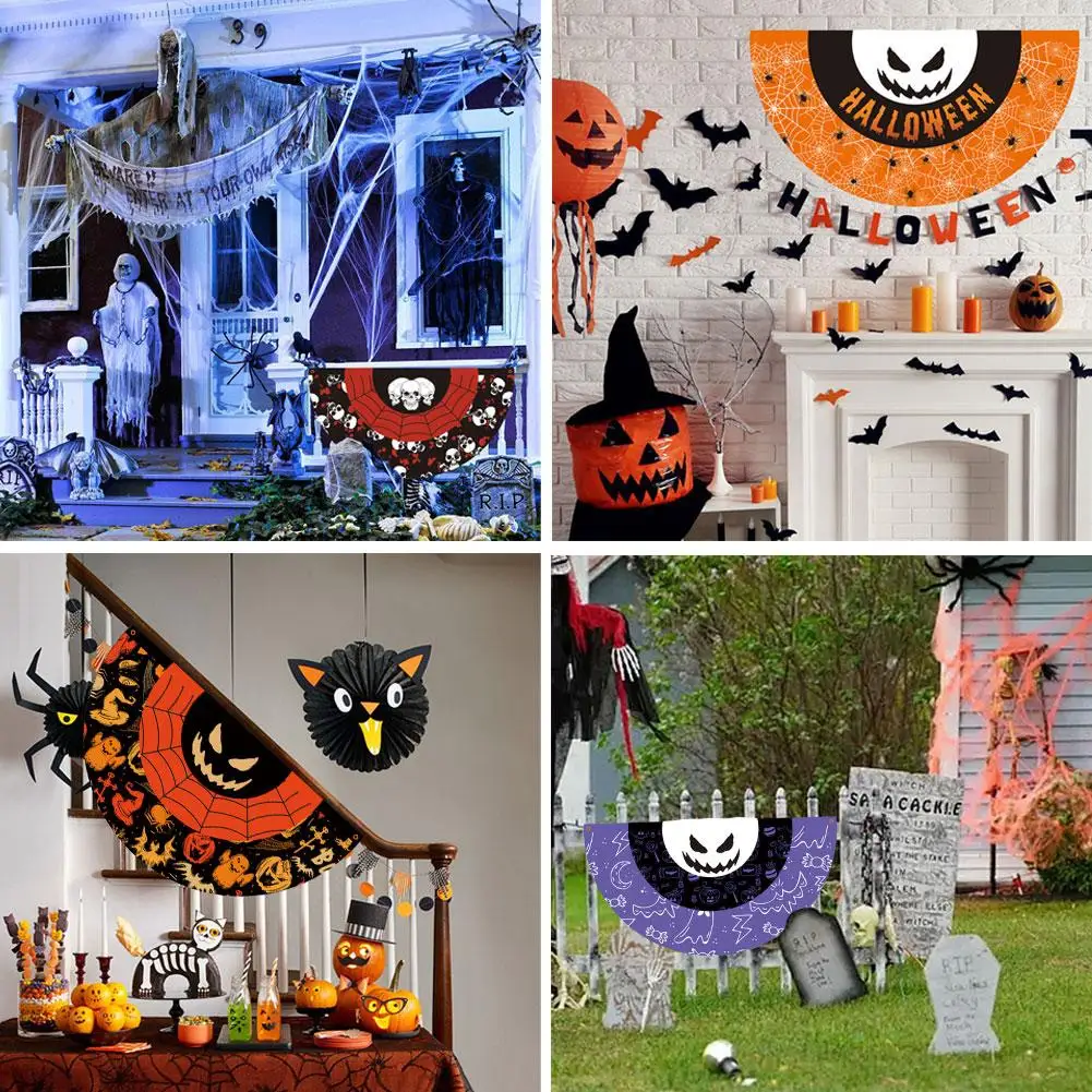 90*45cm Halloween Style Bunting Outdoor Flag Outdoor Yard Fence Hanging Spooky Pumpkin Banner Flag For Table Garden Party D O1U2