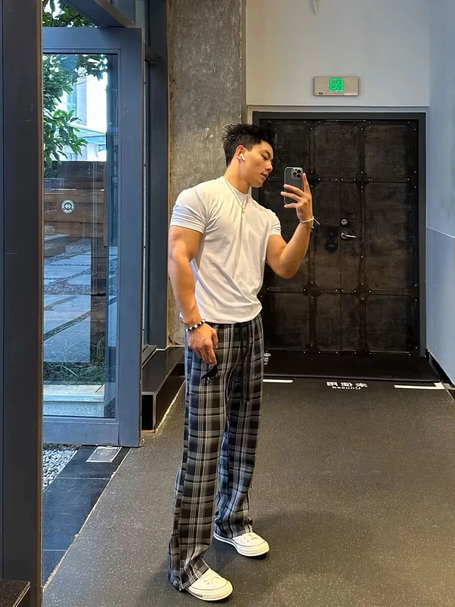 

Loose Casual Plaid Bla White Wide Leg Pants Zipper Long Trousers American Lazy Sle Cleanfit Daily Pants Youth Autumn Wear