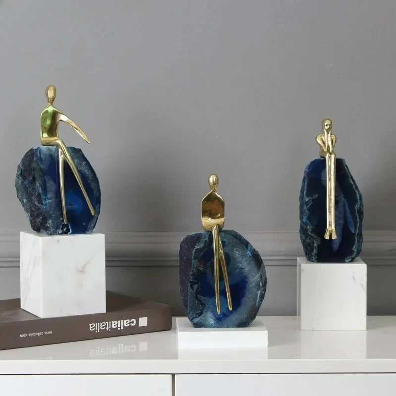 Natural Crystal Agate Crafts Ornaments Marble Base Brass Abstract Figures Sculpture Desk Decoration Creative Character Statue