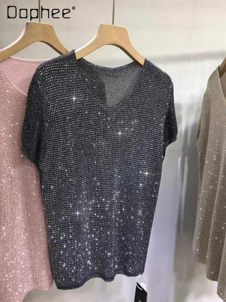 

European Heavy-duty Rhinestone V-neck Shiny Short-sleeve Top Spring Summer Korean Fashion Knitwear Slim Versatile Casual Tops