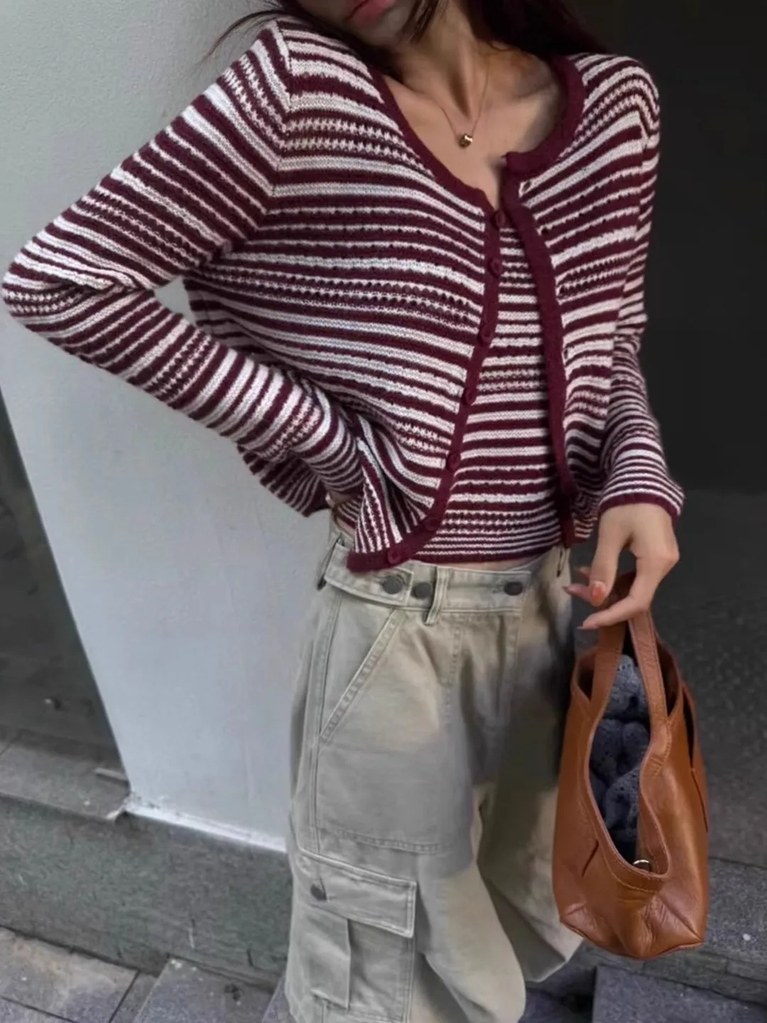 

Korean Style Knitted Cardigan Outerwear Women's Strap Dress Thin Stripe Two-Piece Set Top Vintage Fit Medium Softness Long Sl...