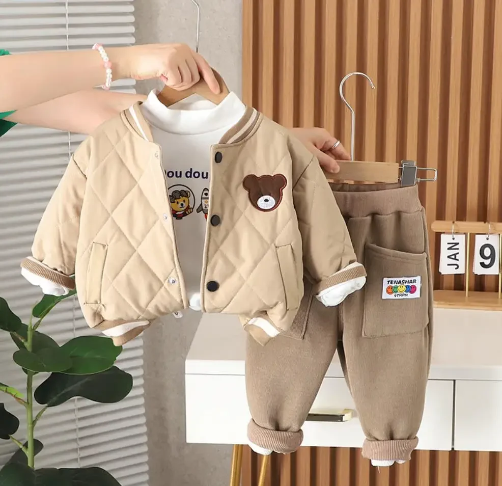 Christmas Boutique Outfits Winter Boys Cartoon Bear Down-Jacket Cotton Coat+Fleece Shirt+Pants Tracksuits Toddler Baby Clothes