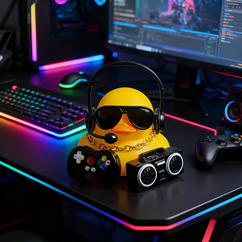 Adorável estatueta de pato para jogos com fone de ouvido e óculos de sol, decoração engraçada de mesa para casa, escritório, painel de carro, sala de jogos, presentes exclusivos