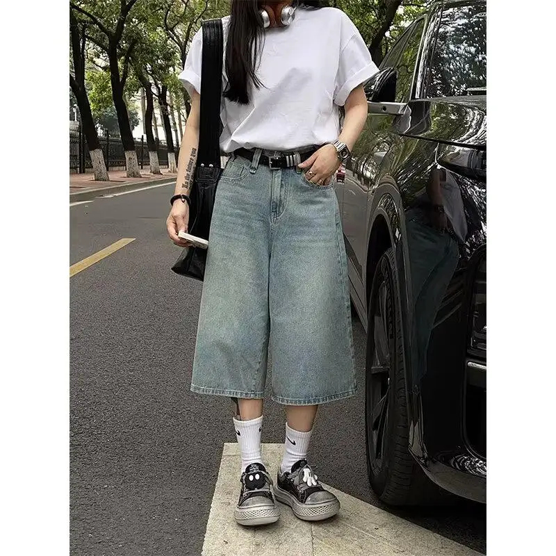 

High Waist Wide Leg Seven-Foot Jeans Women's Summer New Style Slimming Loose Fit Straight Cut Shorts Trendy Fashion Jeans