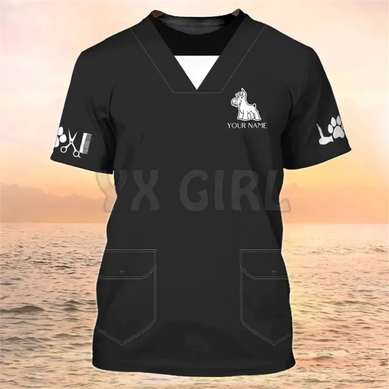 Camisa de aseo para mascotas con nombre personalizado, uniforme de aseo para mascotas, camiseta 3D blanca para salón de mascotas, verano 2024