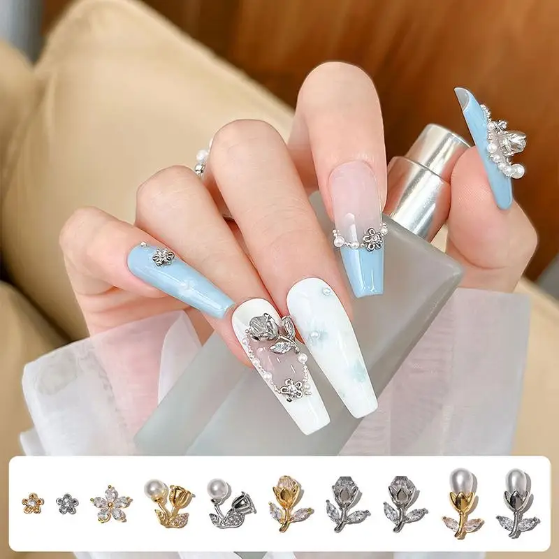 

1Pcs Luxury Gold Silver Zircon Pearl Tulips Cherry Blossoms Mini Flower Zircon Nail Art Rhinestones Decoration Manicure Charms