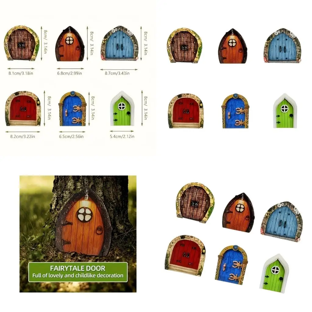  6Pcs Miniature Wooden Fairies Door Decors Set For Garden And Children Play Area