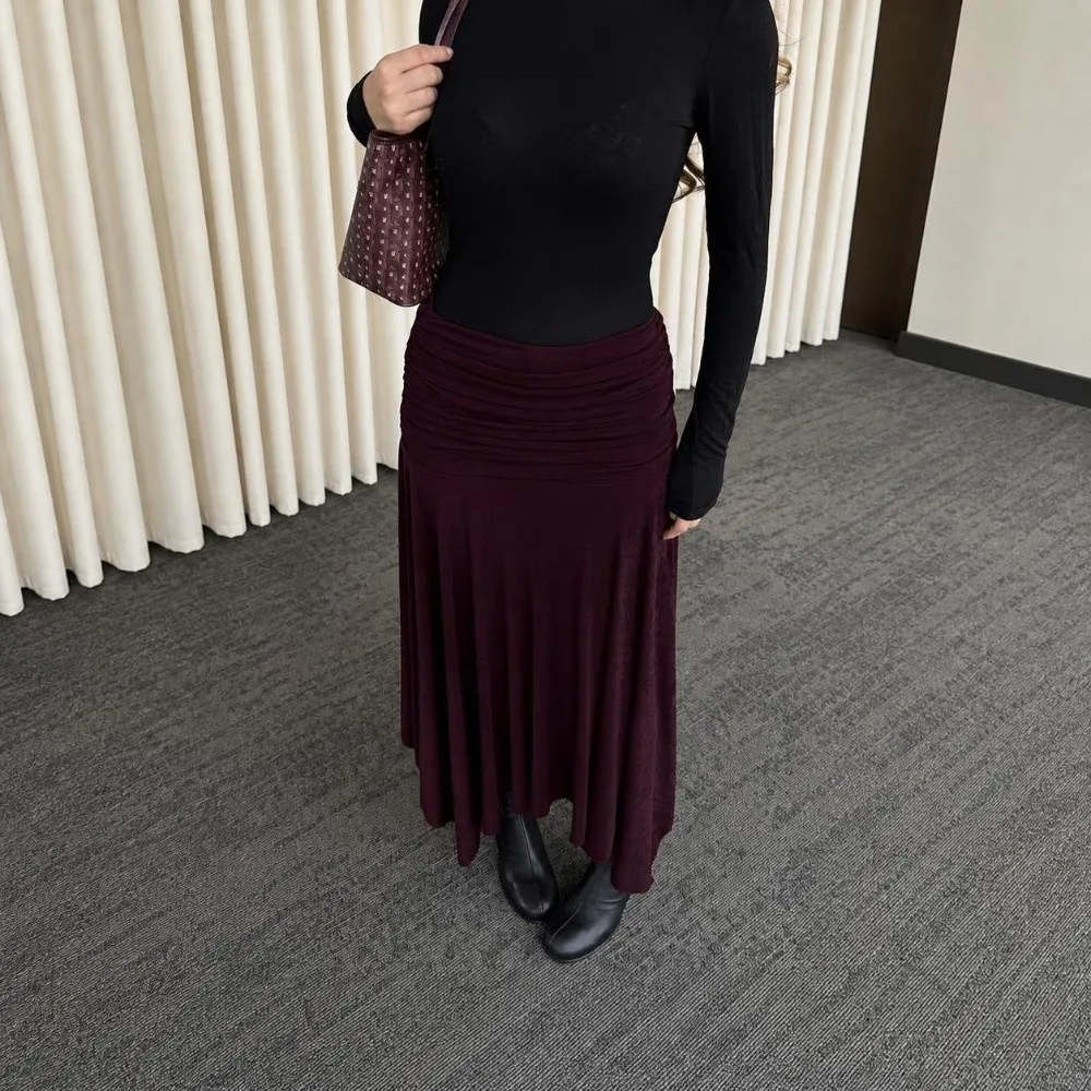 Waist Ruched Knit Maxi Skirt Irregular Hem Soft Knit A-Line Skirt Loose Fit Flowy Silhouette High Waist Skirt Office Commute