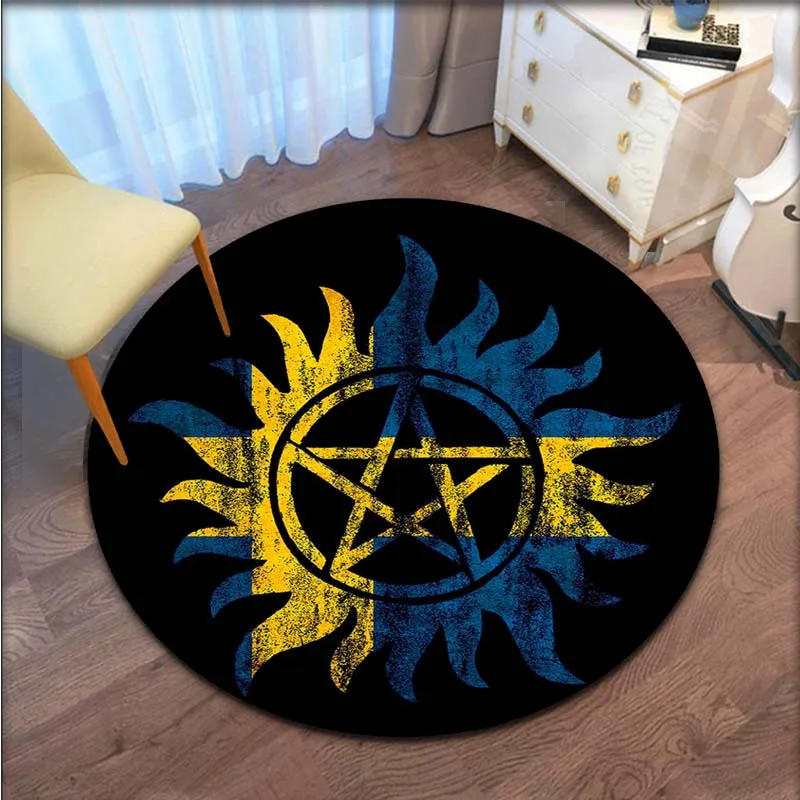 Supernatural Pentacle Symbol Carpet Area Rugs Round Carpet for Living Room Floor Mat Flannel Anti-Slip Mat for Children Area Rug