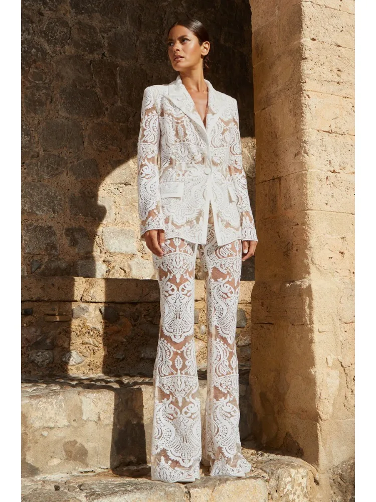 

2023 New Autumn Women's White Lace Suit Pants Set Sexy Lace Wide Leg Pants Set Slim Fit Pants Jacket 2 Piece Set