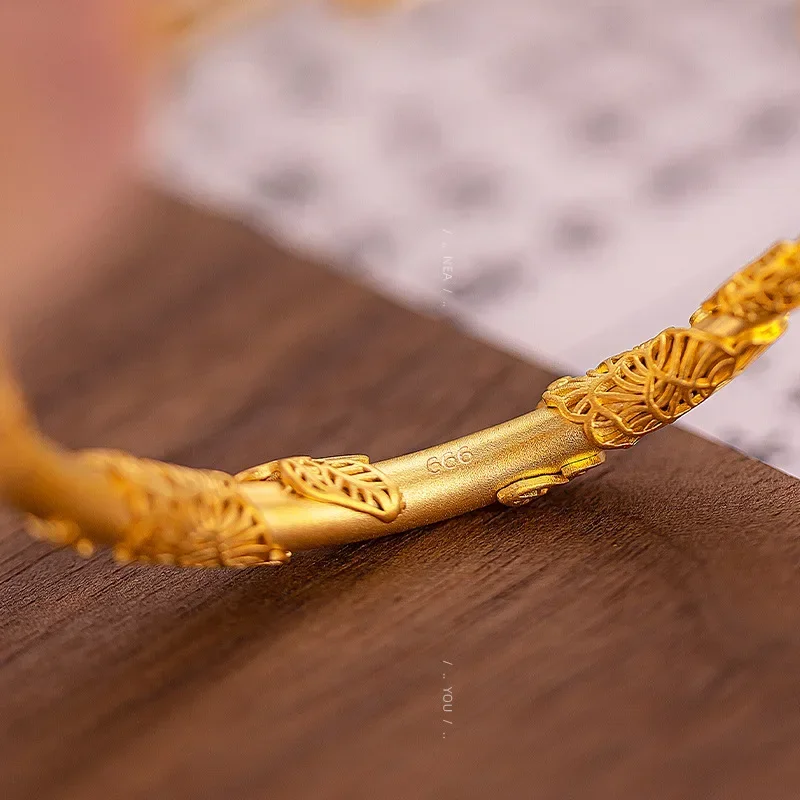 9999 Real Gold 24K New Chinese Ancient Gold Flowering Bracelet, National Style Acacia Vine Leaf Push-pull Women's Bracelet