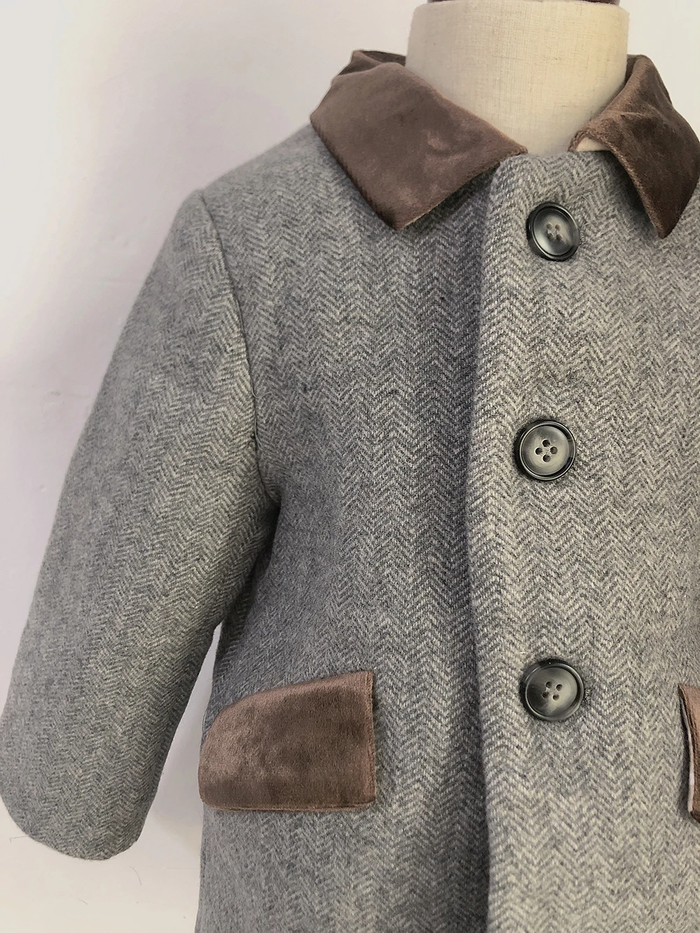 Children Boutique Clothing Winter Boy Gray Woolen Herringbone Pattern Coat British Warm Quilted Jacket New Year\'s Eid Clothes