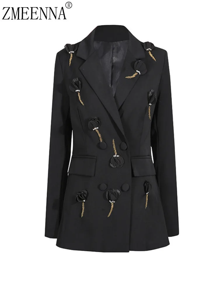 

ZMEENNA женский красный двубортный пиджак с 3D цветочной аппликацией, золотые украшения из бисера, верхняя одежда с длинными рукавами и лацканами ZM4516