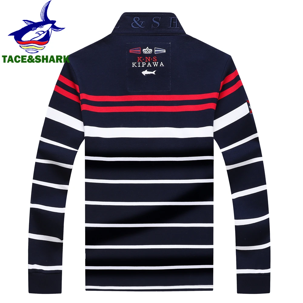 TACE&SHARK Brand Business Casual Men‘s Long Sleeve Polo Shirt Slim Fit Striped Design Office and Daily Wear
