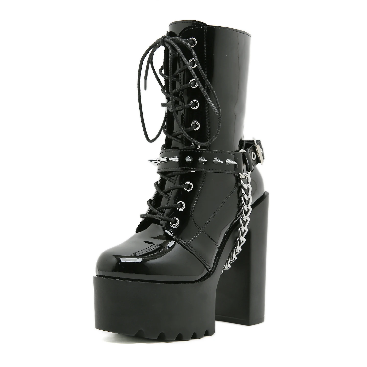 Gdgydh Halloween Punk Platform Boots for Women With Crisscross Straps Chains Rivets High-heeled Boots for Nightclubs And Stages