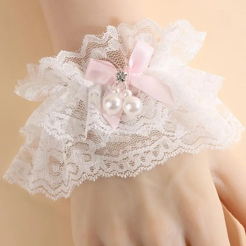 652f-レースちょう結びアームスリーブ真珠ディテール手首袖口アニメ愛好家向け