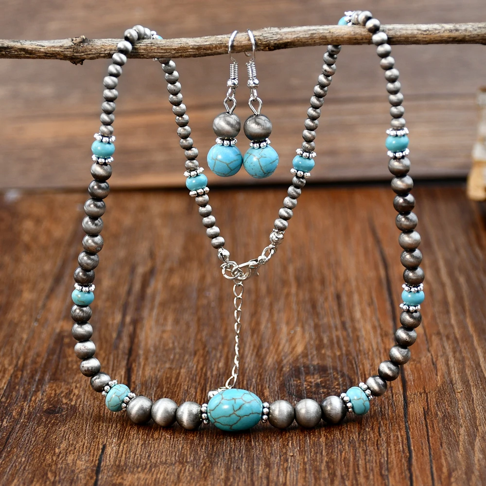 2PCS Vintage Round Beads Inlaid Turquoise Necklace Earring Set Women\'s Fashionable Personalized Handmade Jewelry