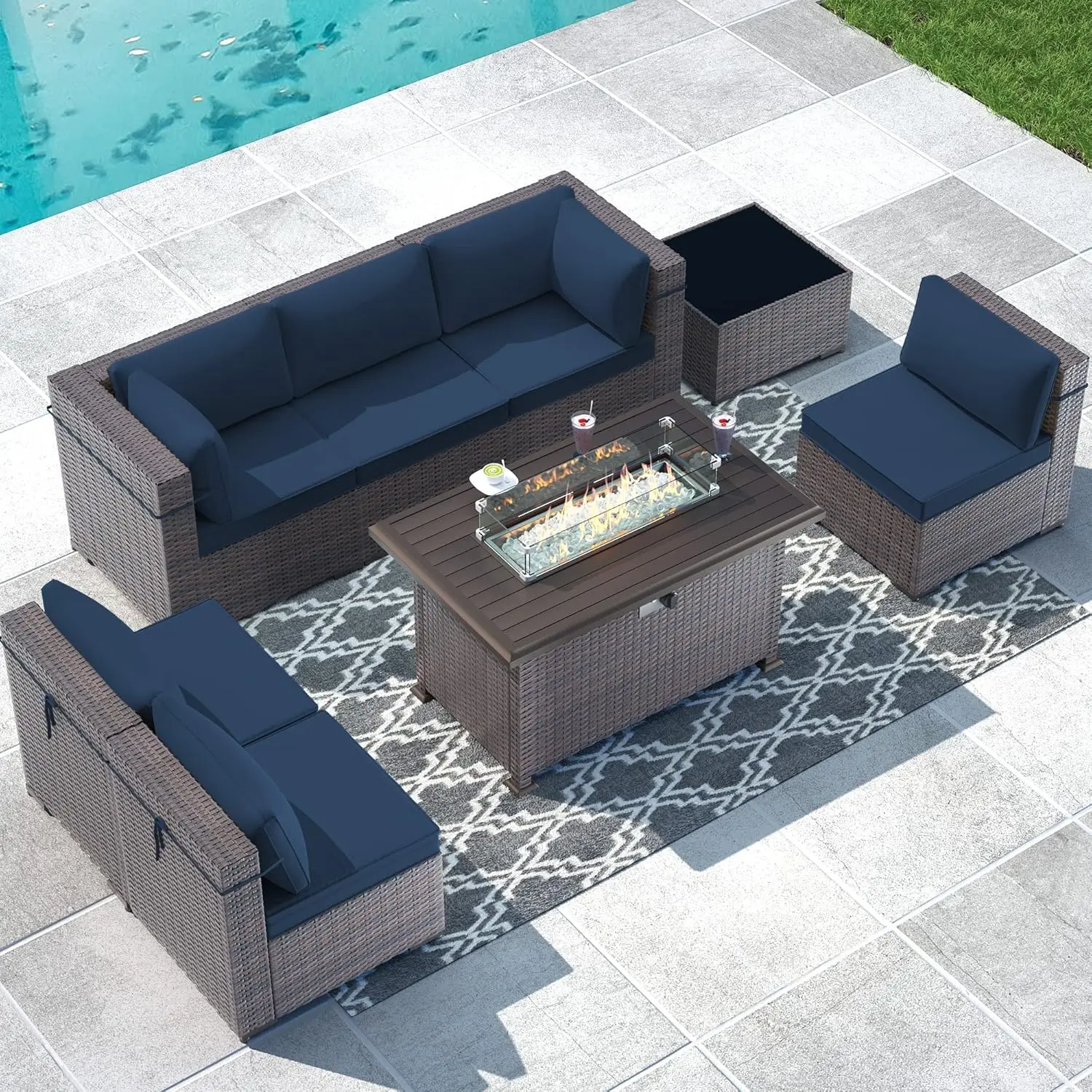 8 Piece Outdoor Patio Furniture Set with Gas Fire Pit Table Sectional Sofa w/55,000 BTU Auto-Ignition Firepit w/Glass Wind Guard