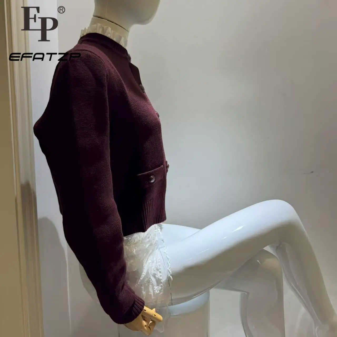 

Knitted Cardigan Wine Red Jacket Short Style Detachable Fungus Collar Elegant Commuting S Home 2024 Autumn New Style 5240180