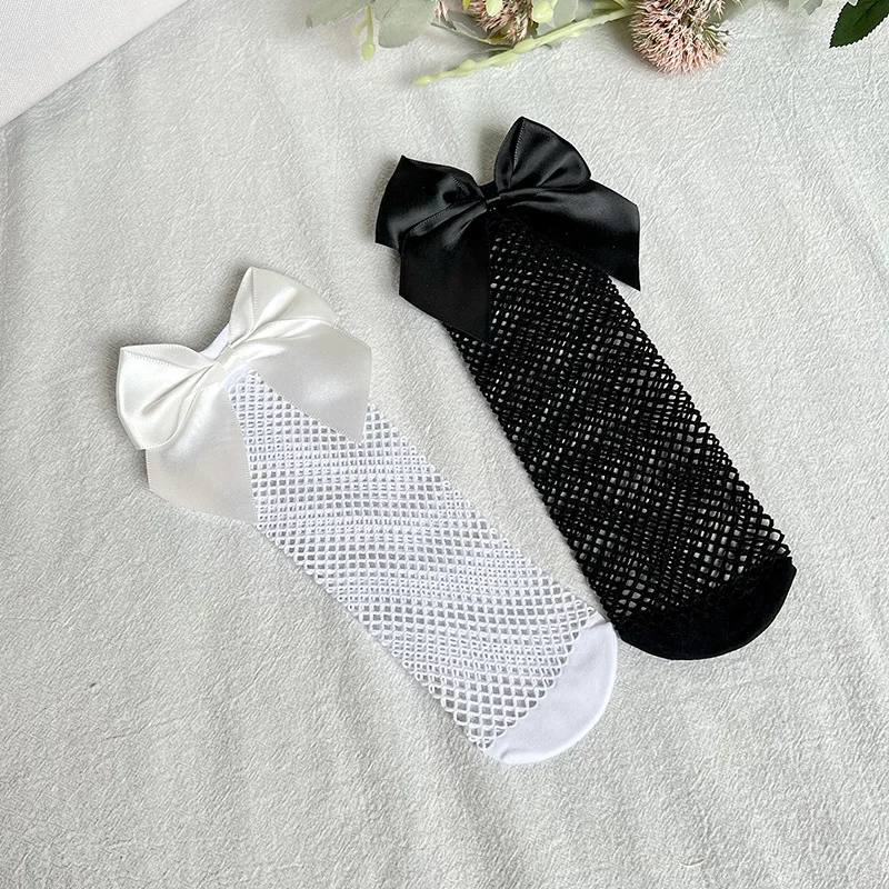 Summer Big Bow Baby Girls Mesh Socks Infant Breathable Fishnet Knee High Sock Toddler Kids Lace Long Socks For 0-5Years