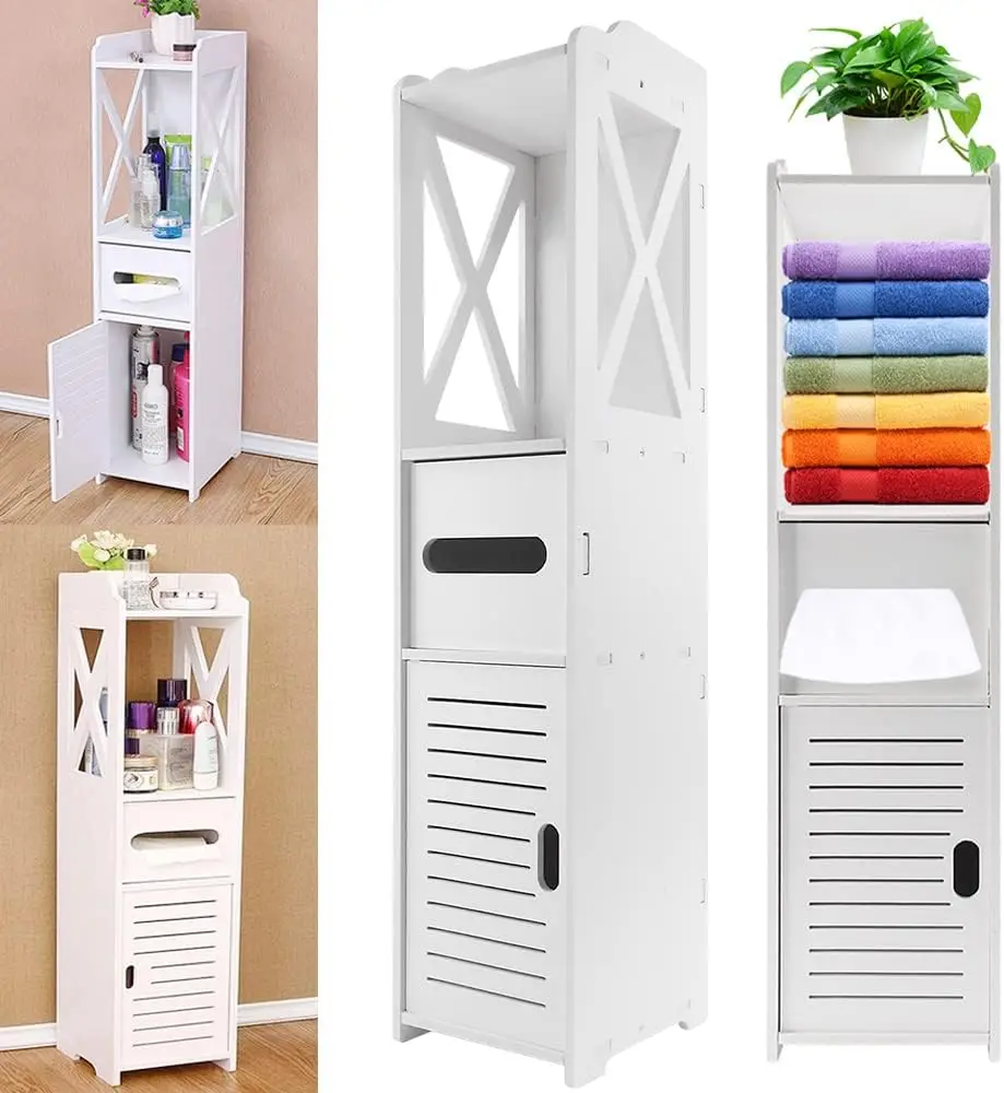 DayPlus Bathroom Waterproof Cabinet w/Paper Drawer,Tall Toilet Storage Cupboard,White Organizer Shelves,Free-standing Storage