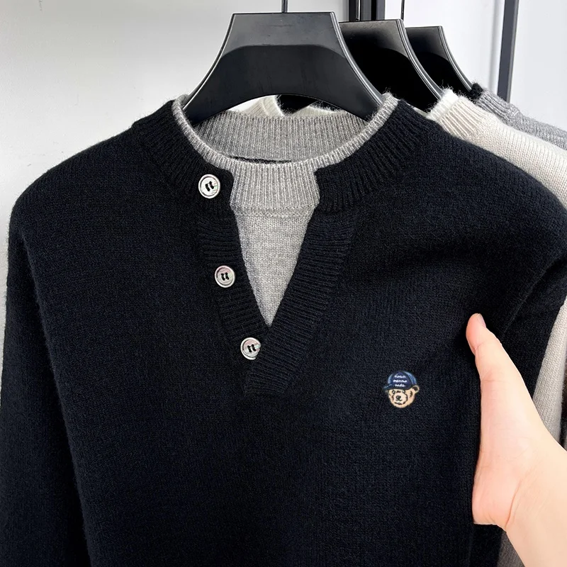 Koreanischer Freizeitpullover für Herren mit langen Ärmeln, Knopfleiste, Farbblockierung, zweiteiliger Optik, Stickerei, Strickware, modische Herrenbekleidung – Detail 16