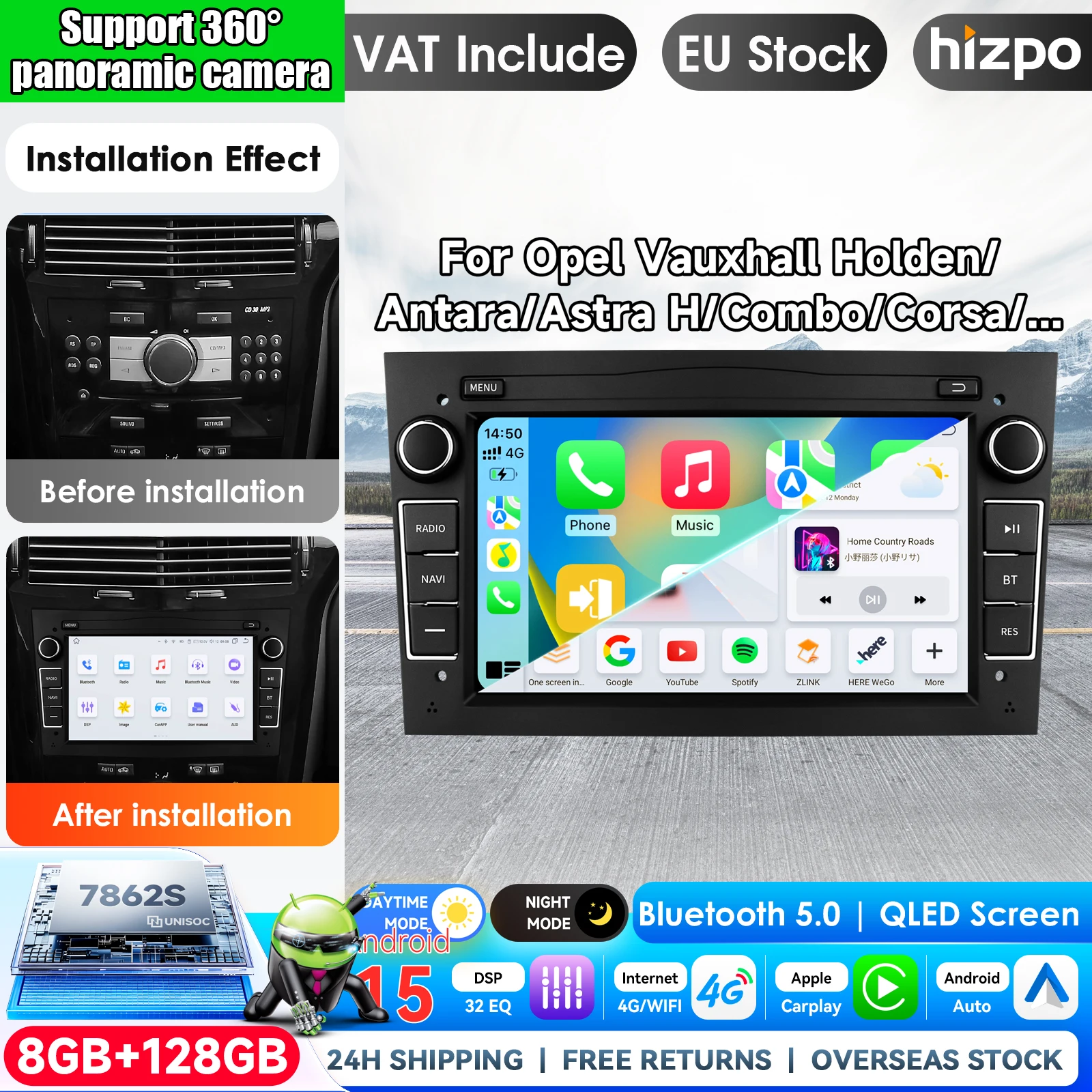 Hizpo 7-Zoll Kabelloses CarPlay Android Auto Autoradio für Opel Astra H J 2004 Vectra Vauxhall Antara Zafira Corsa C D Vivaro Meriva Veda Multimedia Kabelloses Apple CarPlay Smart Intelligentes System