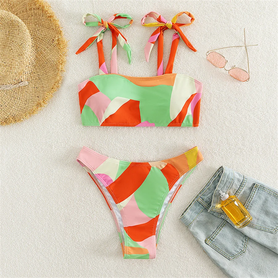 

Женский комплект бикини из двух предметов с принтом, плечевой ремень, купальник с эффектом пуш-ап, женские купальные костюмы с мягкой подкладкой, бикини для пляжного серфинга