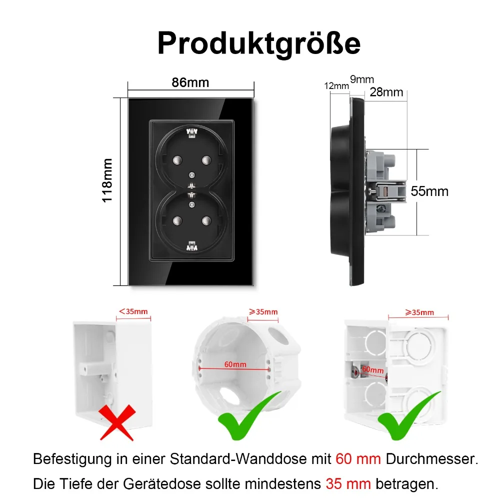 Double EU Wall Power Socket 120*86mmTempered Glass Panel 2 EU Stadnard Electrical Outlets AC Power Points Plug Outlets 110-250V