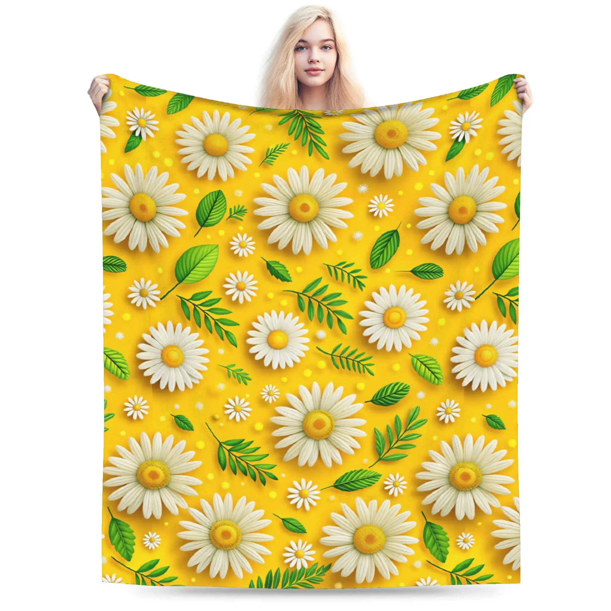 Warm Soft Throw Blanket Camping Yellow Background 3D Daisy And Leaves Pattern Blanket Flannel Bedspread For Couch Sofa Bed Cover
