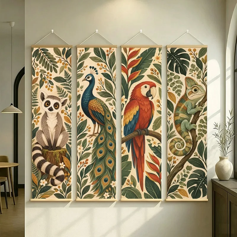 Wall Art Colorful Macaw Parrot and Tropical Leaves, Vintage Botanical Pearlescent Canvas Hanging Scroll for Juice Bar