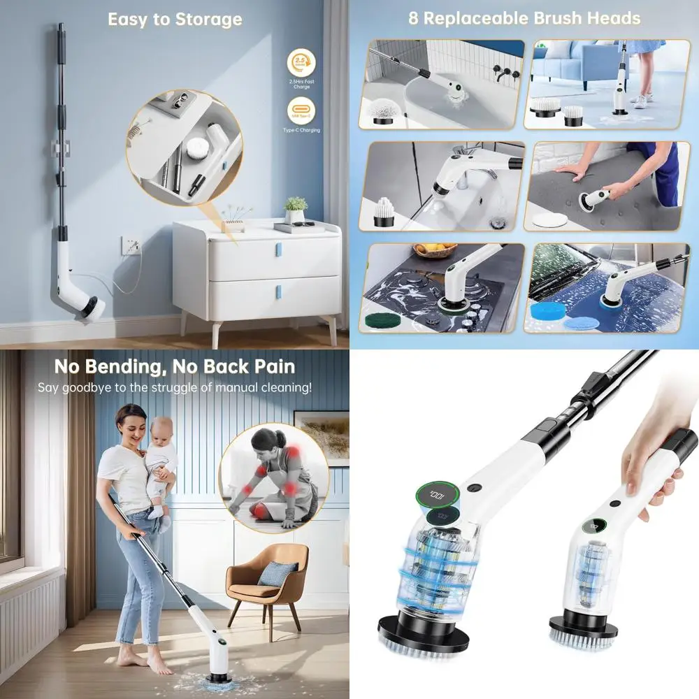 

Беспроводная щетка-мочалка для душа с 8 насадками, 2 скоростями, регулируемой ручкой и индикатором заряда батареи для уборки ванной комнаты