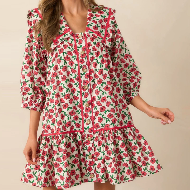 Abito corto da donna Boho floreale a trapezio Abito da babydoll fluido con maniche a sbuffo vintage Abiti a camicia smock Mini vestito estivo bohémien