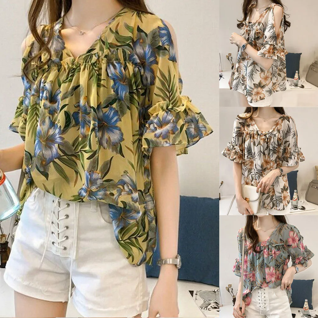 Women Summer Casual Tops Chiffon Off-the-shoulder V-neck Loose Fashion Puff Sleeves Printed Ruffle Top Elegant Ladies shirts