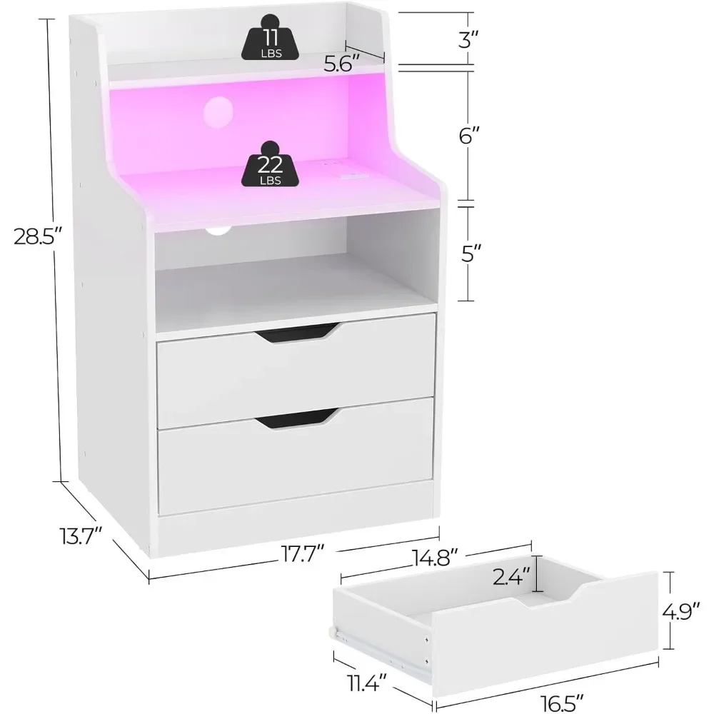 Nightstand with Charging Station and LED Lights, 2 AC and USB Power Outlets, Night Stand with 2 Drawers and Storage Shelves