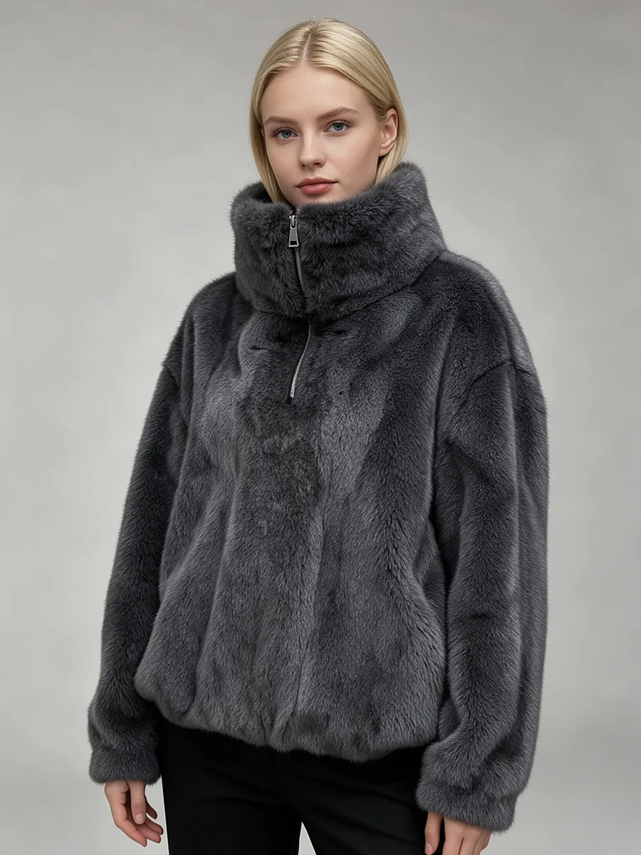 PUAL  Women Gray Faux Fur Jacket High Collar Zipper Plush Warm Winter Short Coat