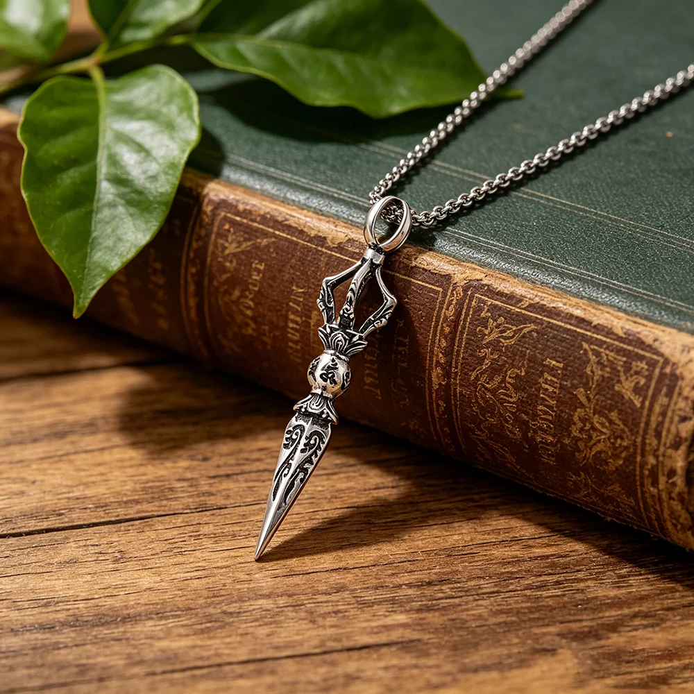 Tibetan Buddhist Dorje Phurba Dagger Pendant Necklace Vajra Pestle Necklace Retro Religious Protection Amulet Jewelry