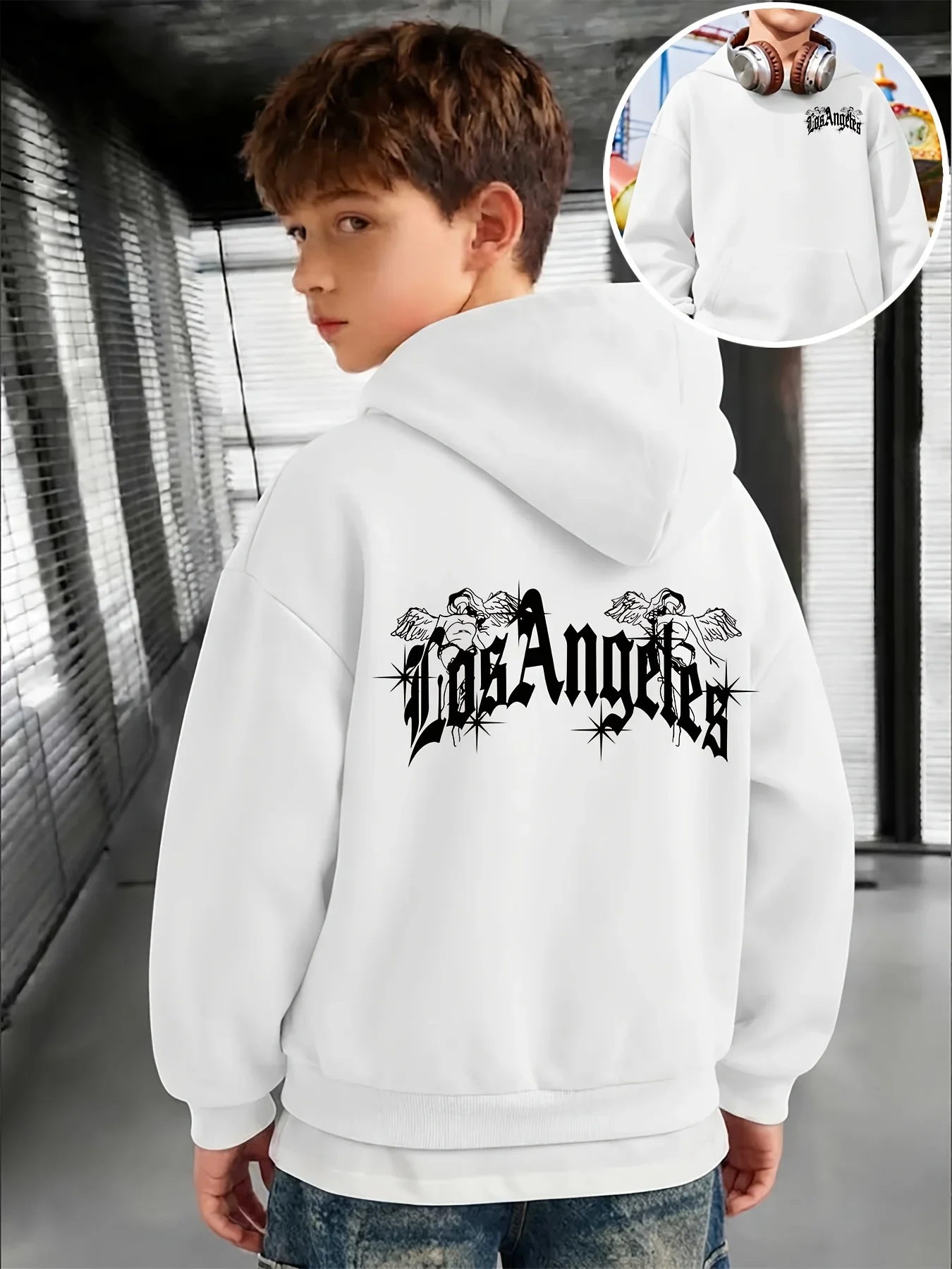 Boys' LOS ANGELES Letter New Print Pattern Autumn/Winter Long-Sleeve Warm Hooded Single-Piece Sweatshirt