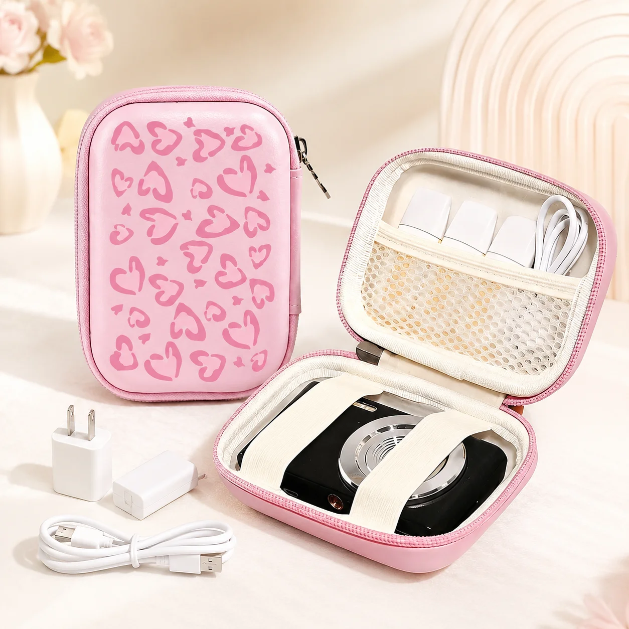 Cute Pink Heart Hard Shell Camera Case Shockproof Electronics Organizer Bag for Women Travel Cables Chargers Accessories