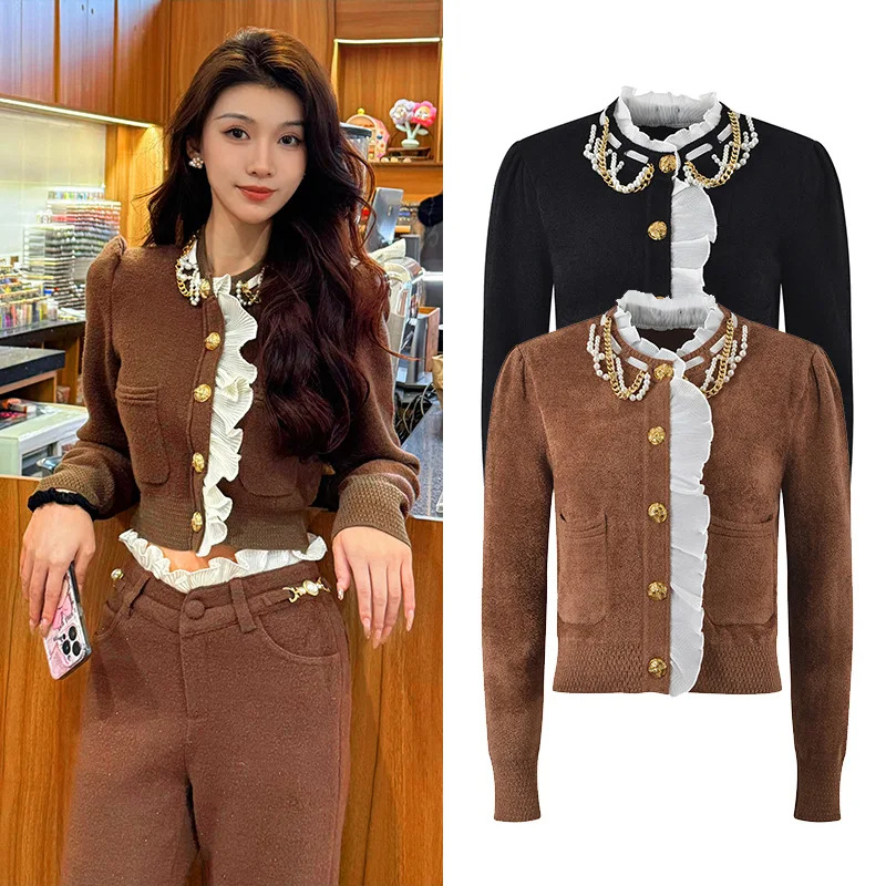 

Ele вязаный открытый кардиган с блестками и кружевной отделкой, женский зимний яркий свитер Agel Faion Design Sensation