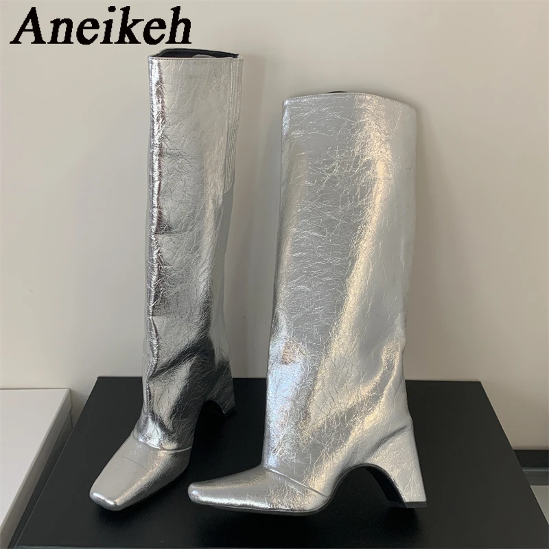 Aneikeh Spring/Autumn Sandals Sewing Boots Solid Women High Knee-High Square toe Boots Party Rome Strange Style Slip-On Wedding