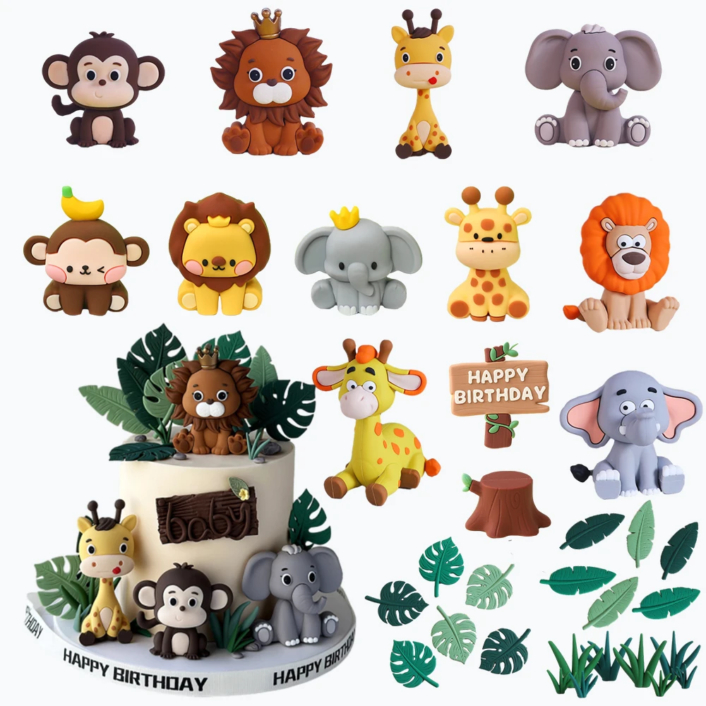 Jungle Forest Animals Cake Toppers Kids 1st Birthday Party Cake Decoration Safari Lion Elephant Monkey Giraffe Baby Shower gift