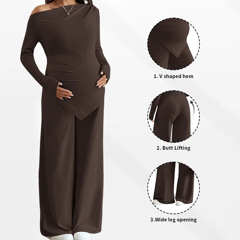 

Off-the-shoulder Neckline Asymmetrical Hem Straight Trousers Maternity Wear Two-piece Set Pregnant Clothes