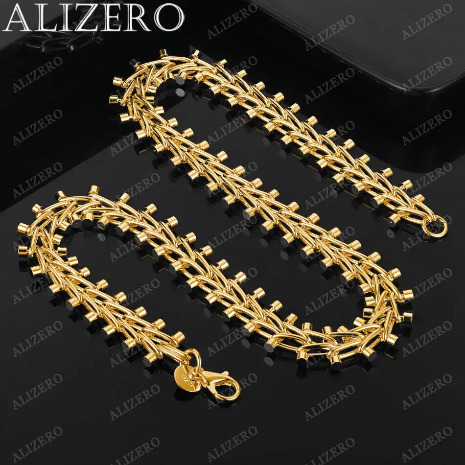 ALIZERO 925 Sterling Silver 18K Gold Plated Double Row Beads Chain Necklace For Women Men Fashion Accessories Charm Jewelry Gift