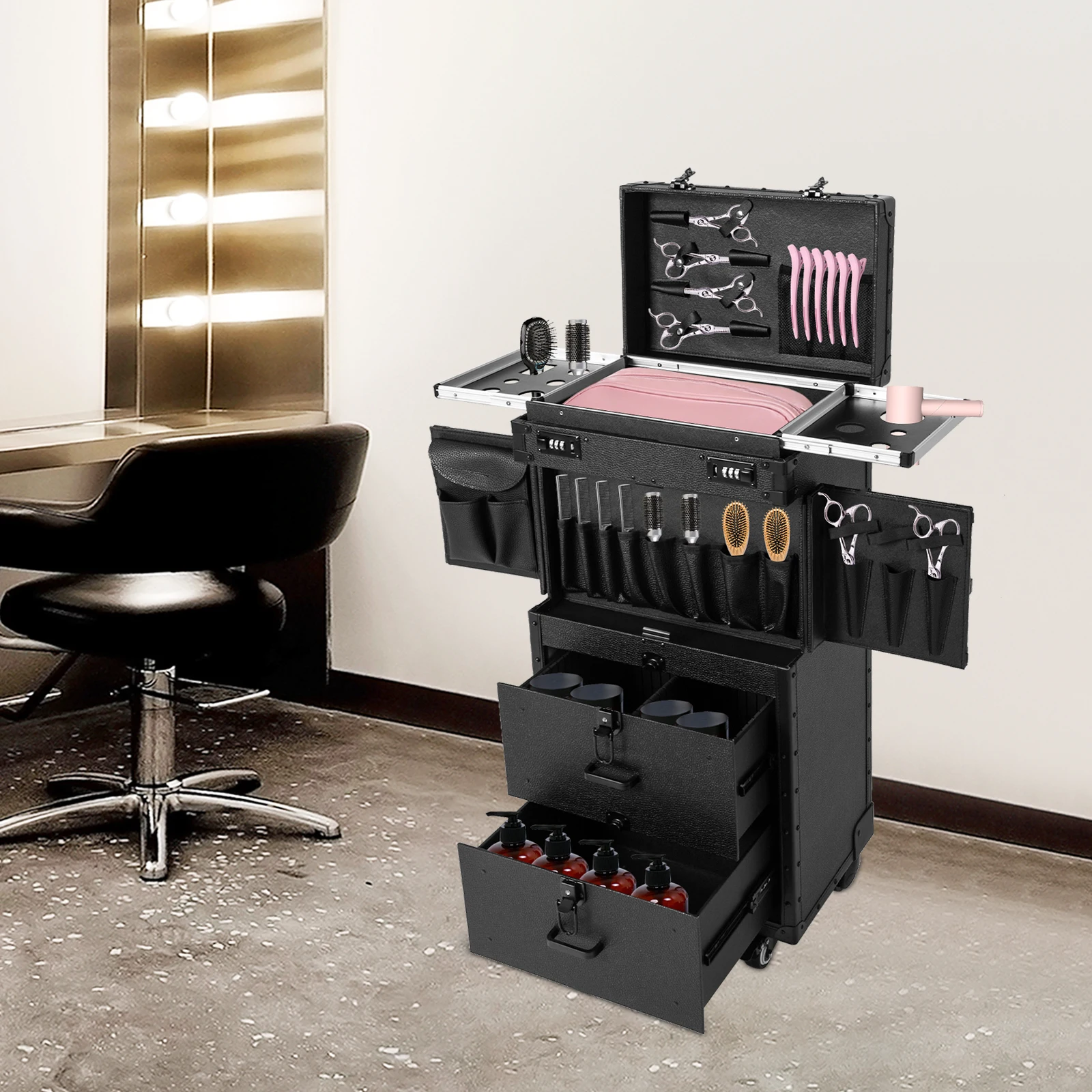 

Косметический чемодан, черный, большой, на колесиках, с 2 выдвижными ящиками, для парикмахерских и салонов красоты