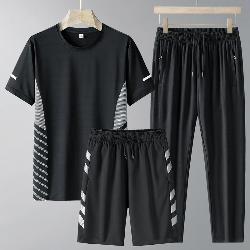 Men's Solid Color Pullover Short Sleeve Round Neck T-shirt with Elastic High Waist Pockets Long Pants Shorts Summer Casual Sets