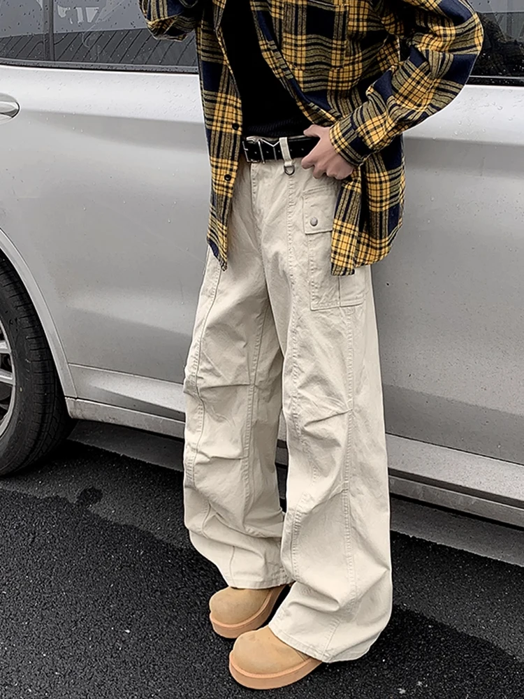 Celana Kerja Pria Model High Street Amerika, Jeans Flare Kasual Desain Drapey, Denim Lipat Trendi Musim Gugur, Celana Panjang Serbaguna