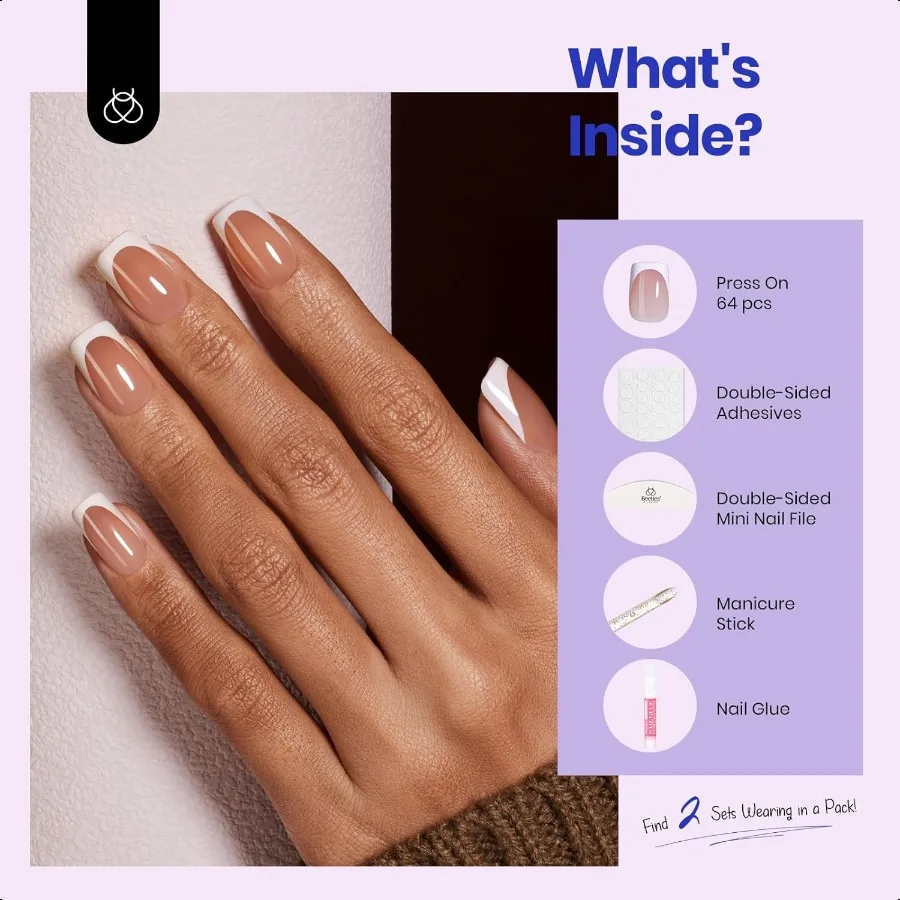 Beetles Short Square French Tip Pr On Nails Brown 64 Pcs PreShaped Fake Nails Reusable Nail Kit with Quickdrying Nail Glue Mini