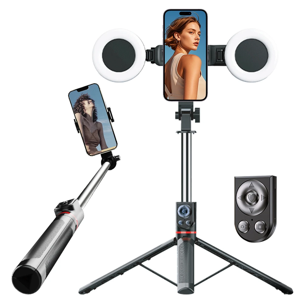 Trépied perche à selfie avec lumière d'appoint, extensible de 32 à 180 cm, télécommande Bluetooth, support de téléphone portable pour voyage
